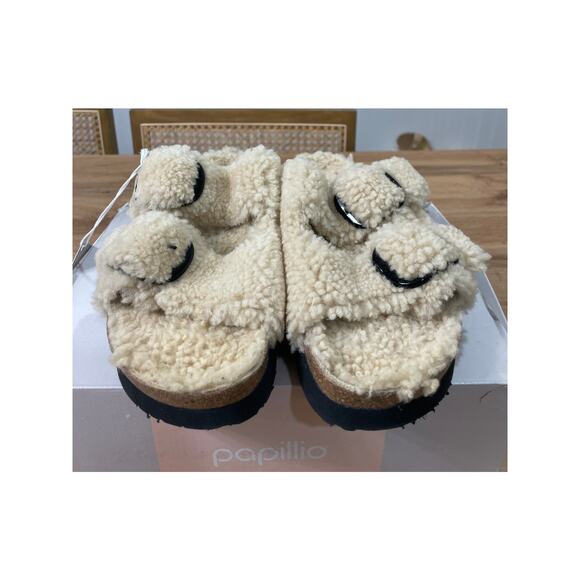 Papillio Arizona Big Buckle Shearling Lamb Slide Sandals Teddy Eggshell 10 L NIB - Picture 7 of 13